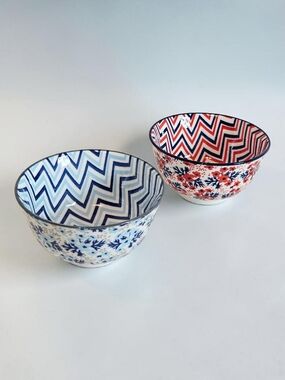 Global Design Connections Boho Floral Chevron Ceramic Bowls Set 2